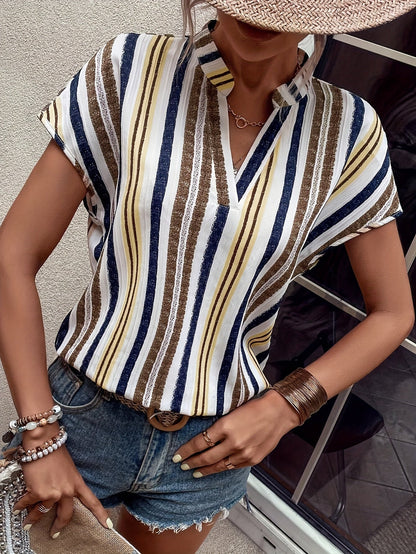 Damen Sommer Blusenshirt mit Streifenmuster und V-Ausschnitt – Eleganter Freizeitstil