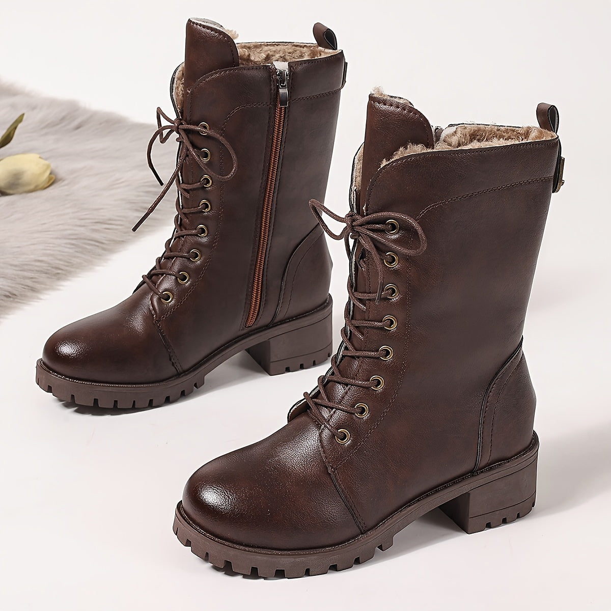 Braune Schnürstiefel Damen mit Warmfutter und Reißverschluss