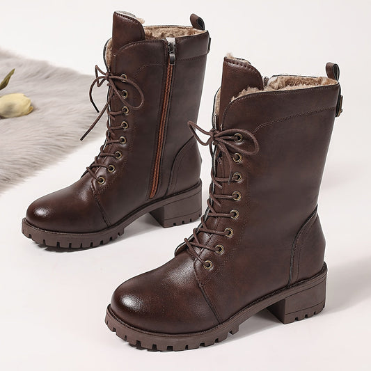 Braune Schnürstiefel Damen mit Warmfutter und Reißverschluss
