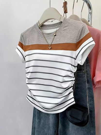 Damen T-Shirt mit Streifen und Raffungen – Modisches Freizeitshirt, Kurzarm, Elegant für Alltag und Büro
