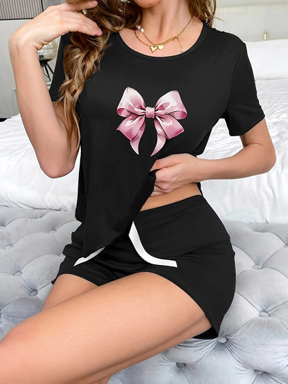 Damen Pyjama Set mit Schleifen-Print – Kurzarm Shirt & Shorts, Modernes Lounge- & Schlafanzug-Design