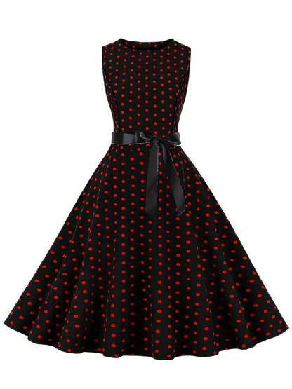 Damen Vintage Polka Dot Rockabilly Kleid mit Gürtel – Elegantes Retro Partykleid