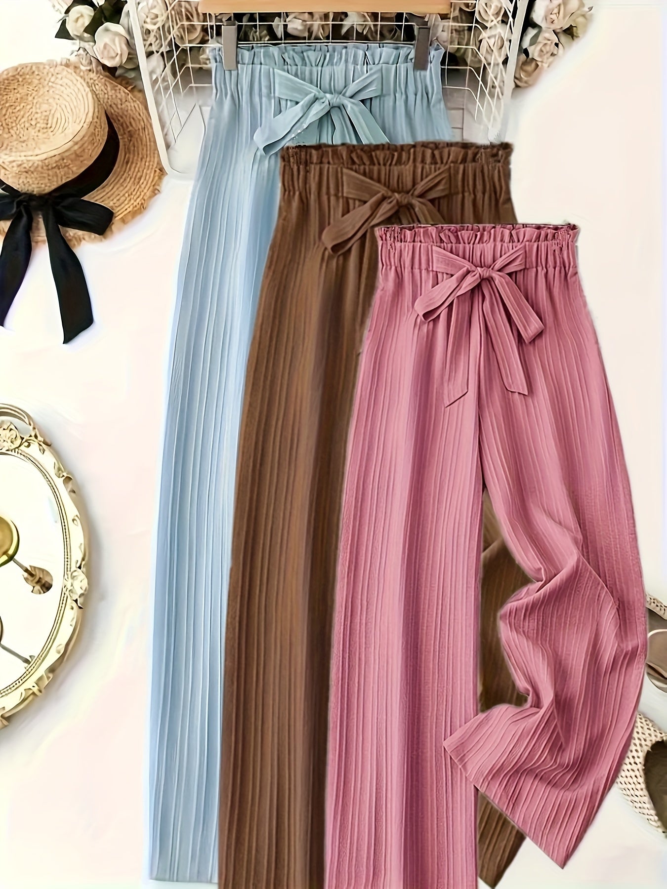 Damen Elegante Weitbein-Hose mit Schleife und Plissee – Perfekt für Freizeit und Büro