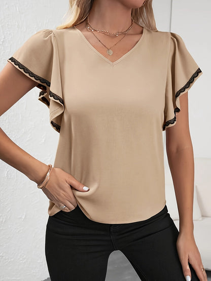 Damen Bluse Elegant V-Ausschnitt mit Volantärmeln und Spitzenbesatz – Business & Freizeit