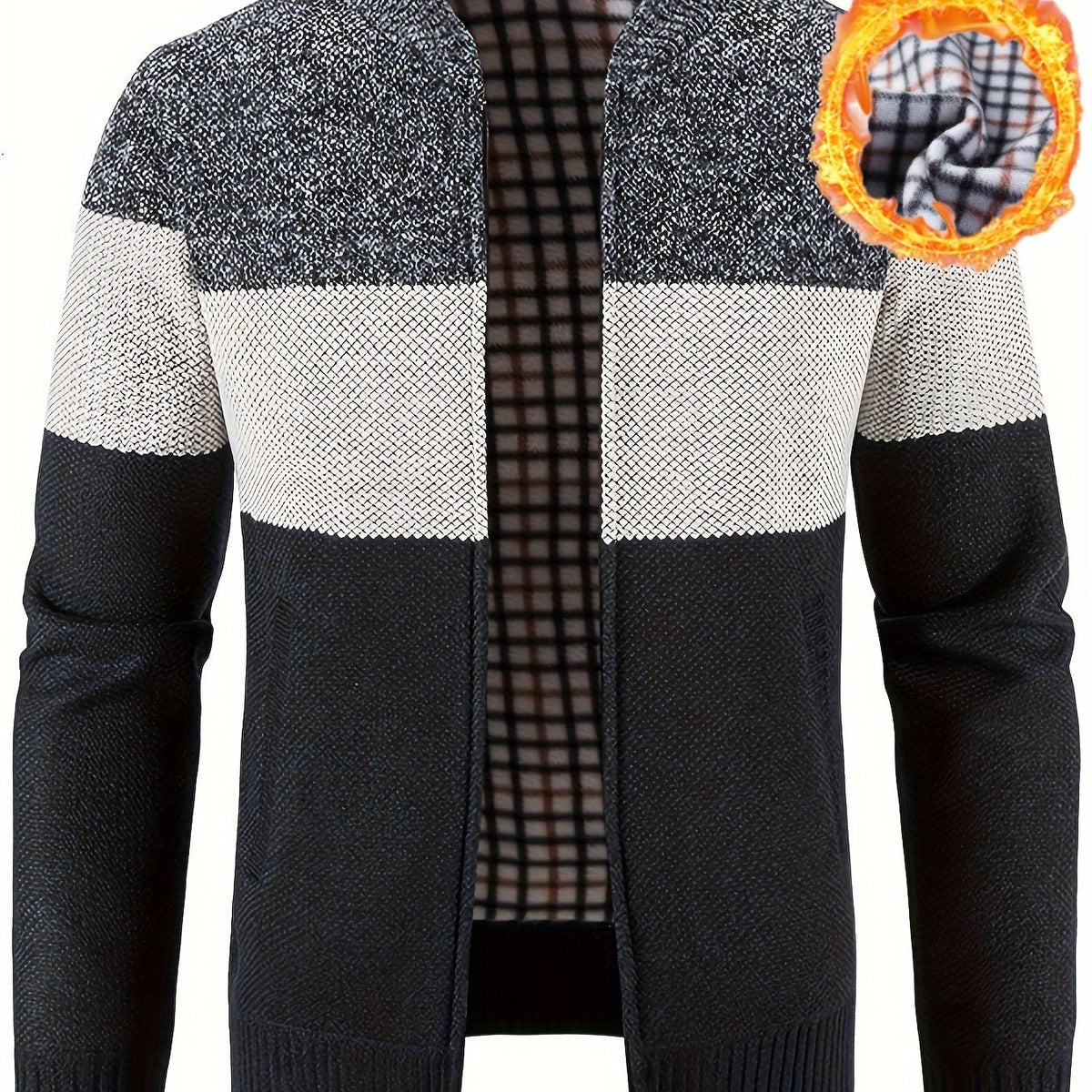 Herren Cardigan gestreift mit Stehkragen – melierter Strick und kariertes Futter