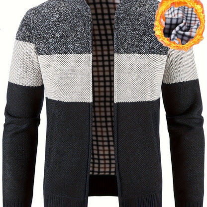 Herren Cardigan gestreift mit Stehkragen – melierter Strick und kariertes Futter