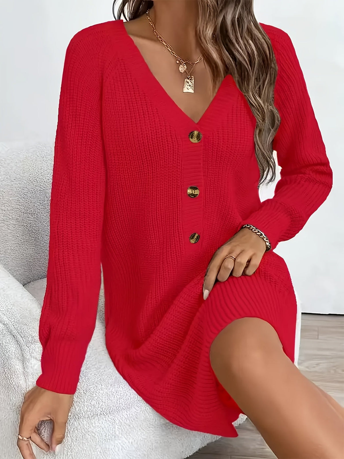 Damen Strickkleid V-Ausschnitt Langarm Strickpulloverkleid mit Knopfleiste