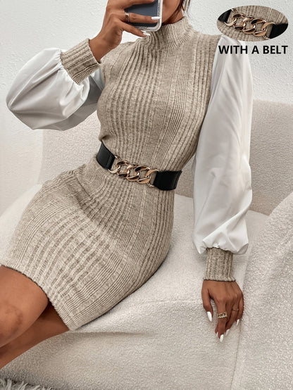 Damen Strickkleid hochgeschlossen Langarm Etui-Stil mit Gürtel