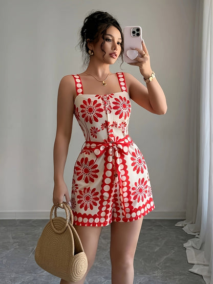 Damen Jumpsuit mit Blumenmuster und Taillengürtel – Eleganter Freizeit Einteiler