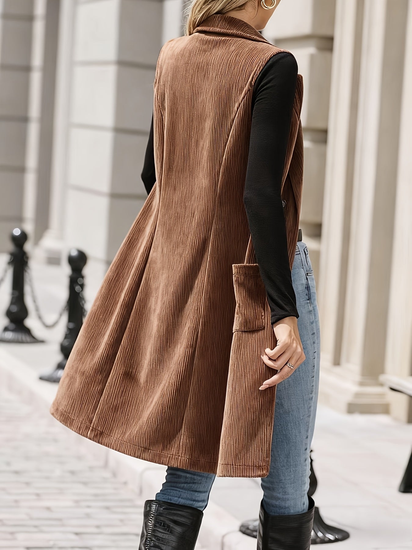 Damen Lang Weste Cord Langarm-Blazer-Weste Zweireihig Mit Taschen