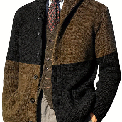 Herren Strickjacke mit Schalkragen, Zweifarbig, Knopfleiste, Lange Ärmel
