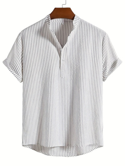 Herren Freizeit Hemd mit Stehkragen und Streifen – Modernes Kurzarmshirt für Alltag und Büro