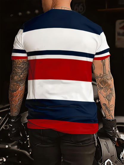Herren T-Shirt im College-Stil mit Streifen und Wappen – Freizeitmode für Alltag & Sport