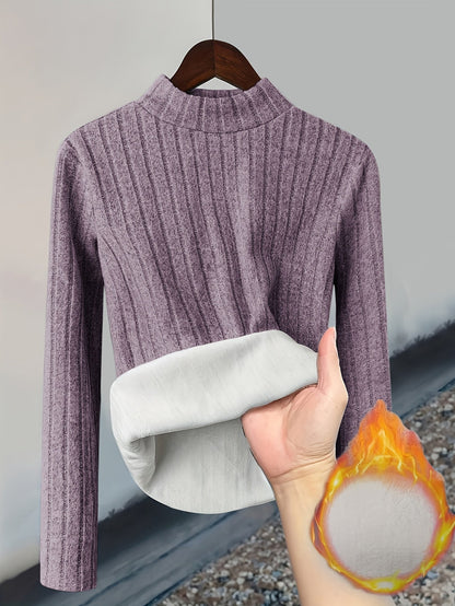 Damen Pullover Rippstrick Stehkragen Warme Fleecefütterung Langarm