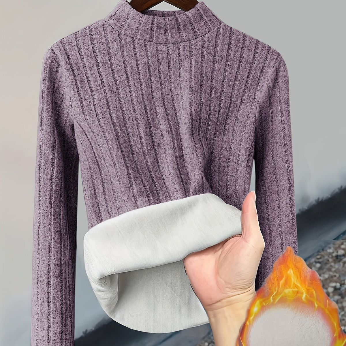 Damen Pullover Rippstrick Stehkragen Warme Fleecefütterung Langarm