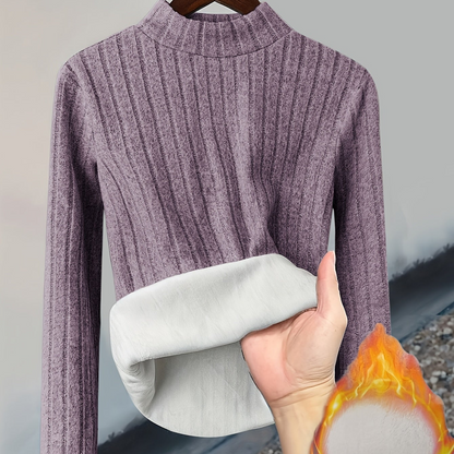 Damen Pullover Rippstrick Stehkragen Warme Fleecefütterung Langarm