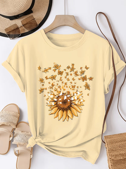 Damen T-Shirt mit Sonnenblume und Schmetterlingen – Casual Sommer Oberteil, Modisches Print-Shirt