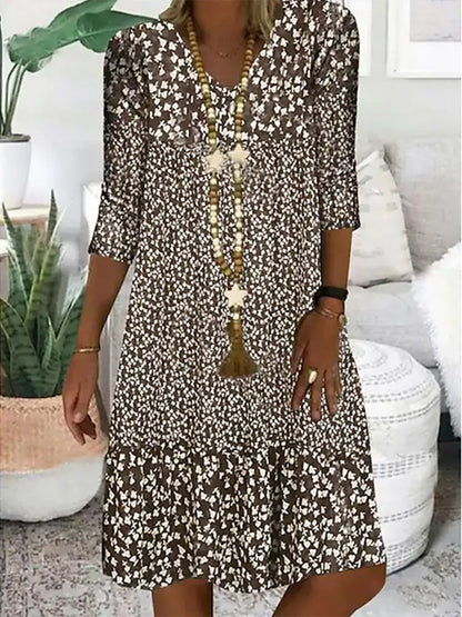 Damen Boho Blumenkleid mit 3/4-Ärmeln – Luftig & Bequem für Alltag und Urlaub