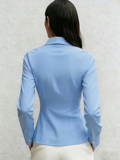 Damen Hemdbluse Tailliert mit Falten Knopfleiste Langarm