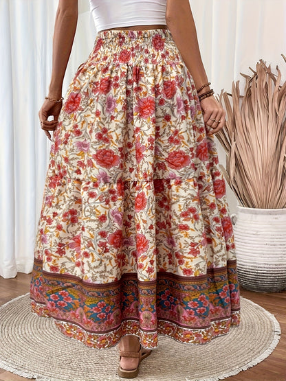 Damen Boho Maxirock mit Blumenmuster und elastischem Bund – Sommer Freizeitrock, Vintage Stil