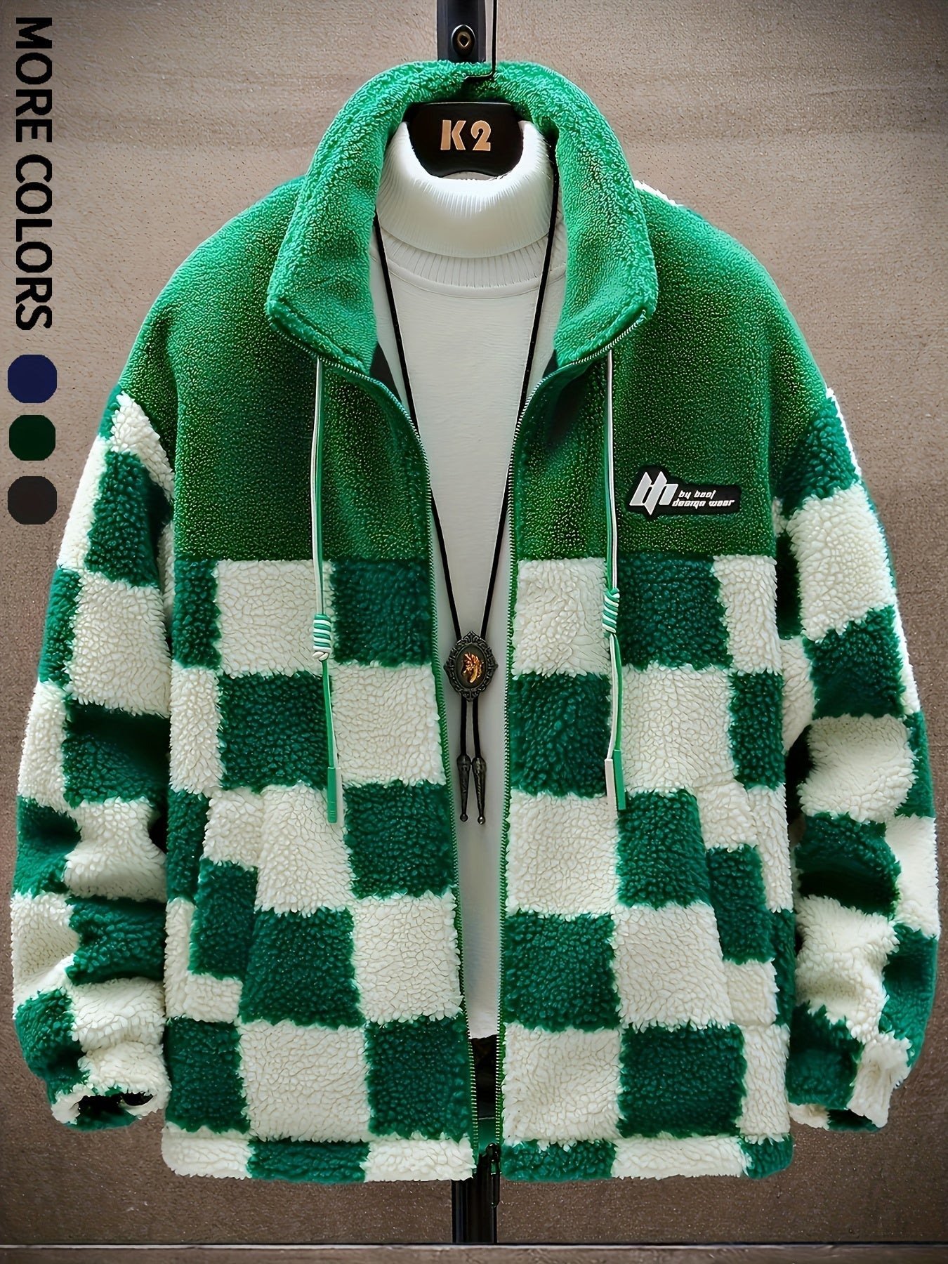 Unisex Teddyfleece Jacke mit Stehkragen und Schachbrettmuster