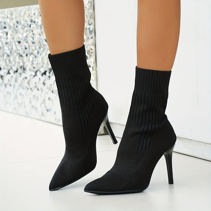 Damen Stiefelette mit spitzer Zehe und Stilettoabsatz, gestricktes Obermaterial