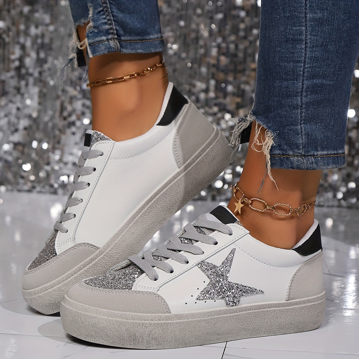 Damen Sneaker mit Glitzerstern – Modische Freizeitschuhe für Alltag & Party