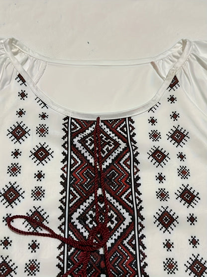 Damen Bluse mit Stickerei Weiß Rote Ethno-Muster Lange Ärmel
