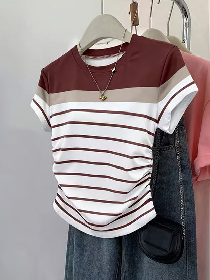 Damen T-Shirt mit Streifen und Raffungen – Modisches Freizeitshirt, Kurzarm, Elegant für Alltag und Büro