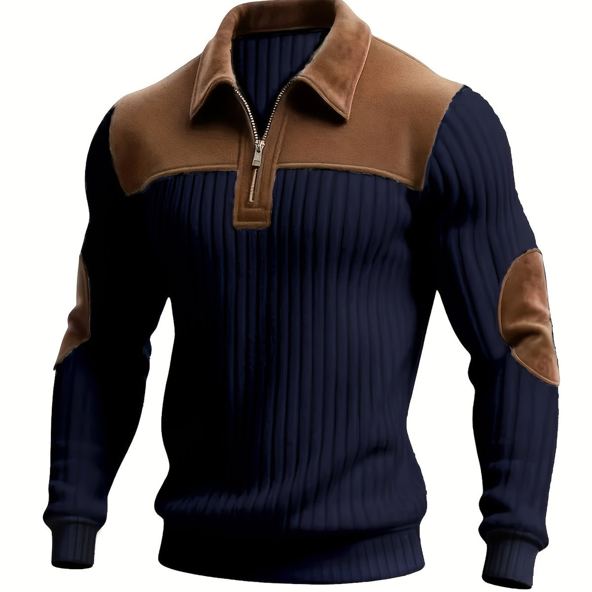 Herren Poloshirt Strickpullover mit Reißverschluss, Kragen und Ellbogen-Patches, Beige