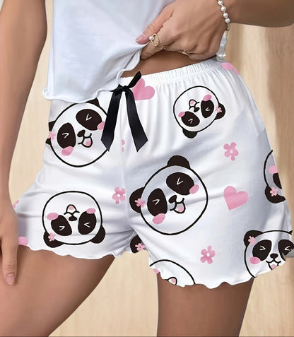 Damen Schlafshorts mit Panda-Motiv und Schleife – Süße Pyjamashorts für gemütliche Nächte