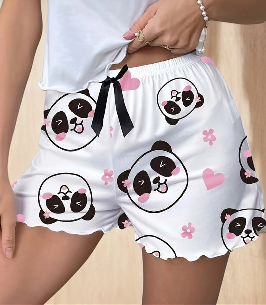 Damen Schlafshorts mit Panda-Motiv und Schleife – Süße Pyjamashorts für gemütliche Nächte