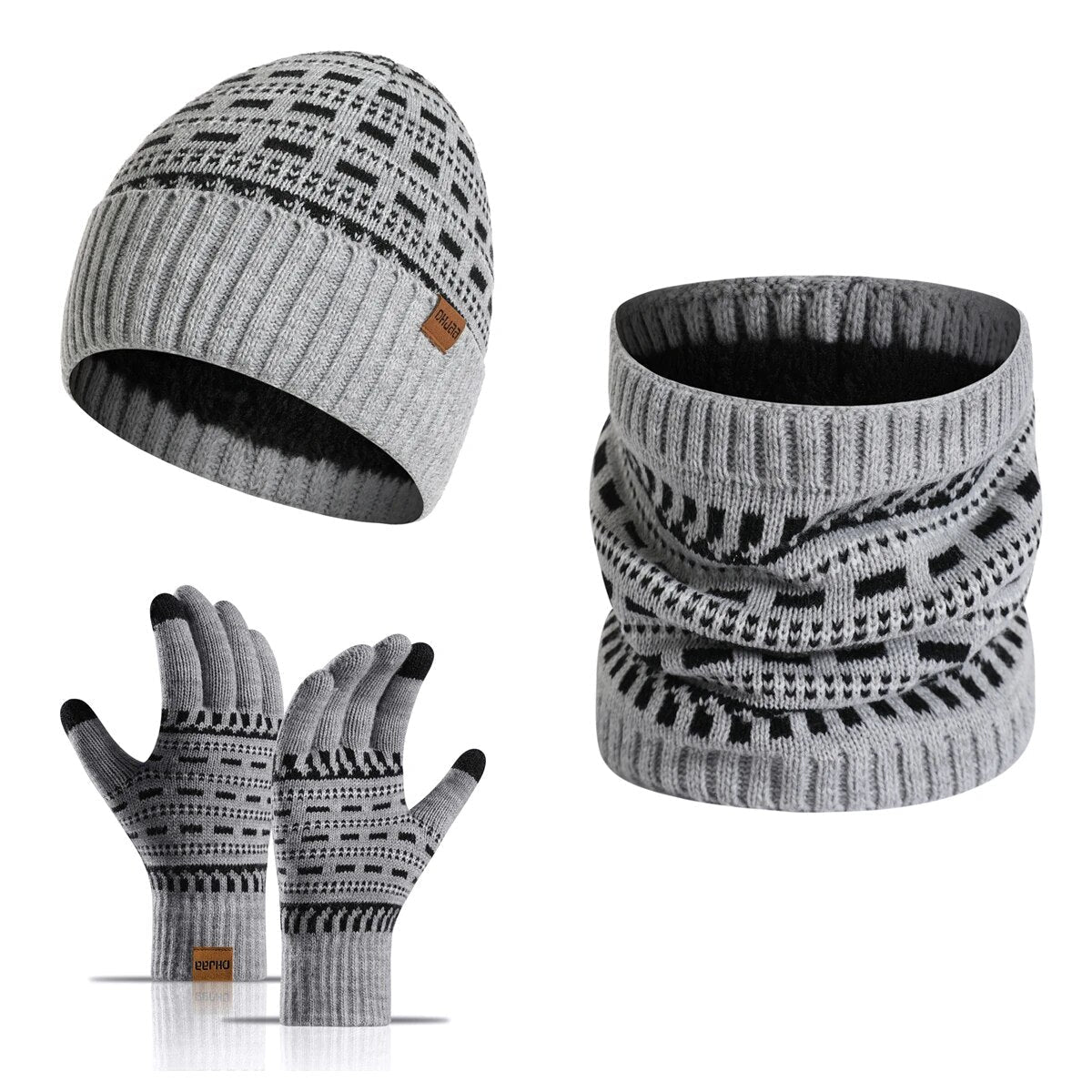 Unisex Wintermütze Schal Handschuhe Set, Gestricktes Beanie mit Nackenwärmer & Touchscreen-Handschuhen