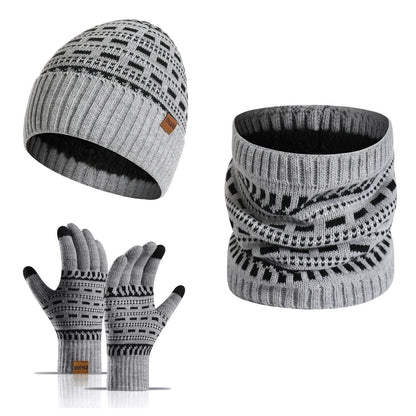 Unisex Wintermütze Schal Handschuhe Set, Gestricktes Beanie mit Nackenwärmer & Touchscreen-Handschuhen