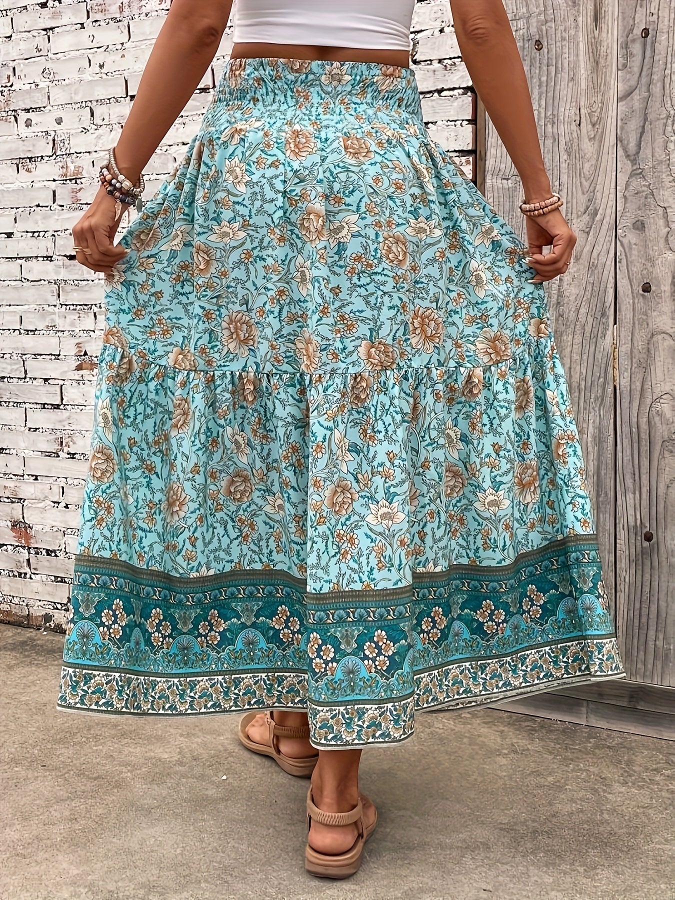Damen Boho Maxirock mit Blumenmuster und elastischem Bund – Sommer Freizeitrock, Vintage Stil