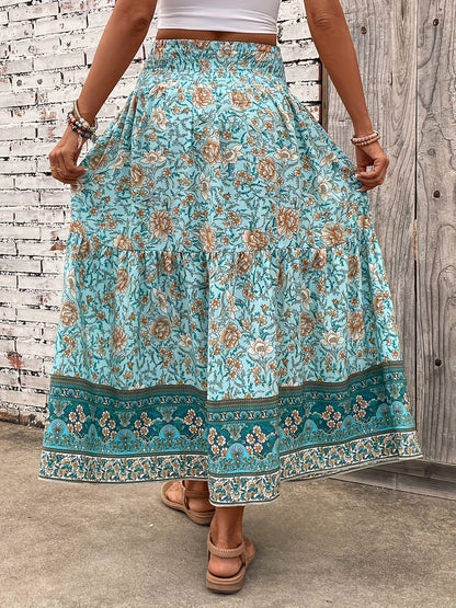 Damen Boho Maxirock mit Blumenmuster und elastischem Bund – Sommer Freizeitrock, Vintage Stil