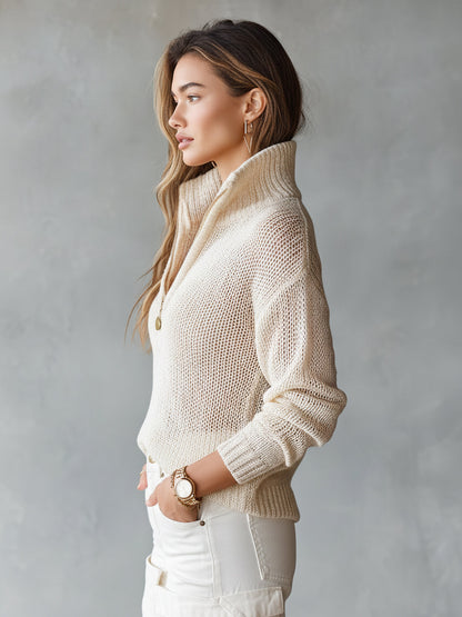Damen Grobstrick Pullover mit Reißverschluss Kragen, Langarm