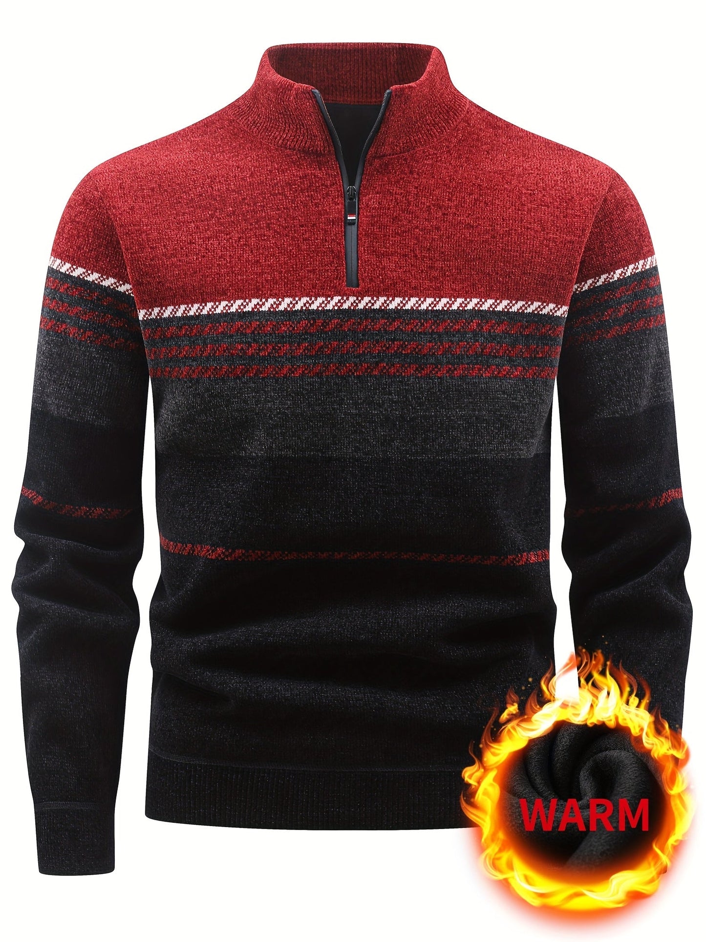 Herren Pullover Halb-Reißverschluss Stehkragen gestreift Fleece-Futter