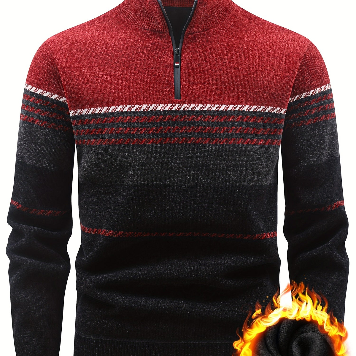 Herren Pullover Halb-Reißverschluss Stehkragen gestreift Fleece-Futter