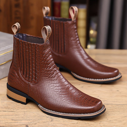 Herren Stiefelette Kroko-Prägung Quadratische Spitze Elastikeinsätze