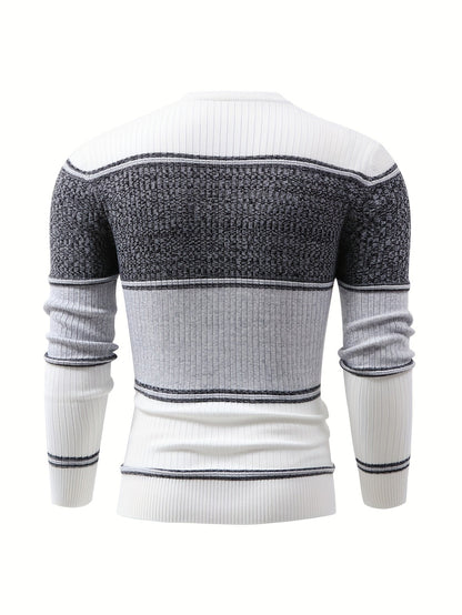 Herren Pullover Langarm Gerippt mit Geometrischem Muster Schwarz Weiß