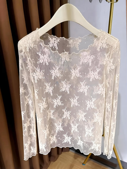 Damen Langarm-Spitzenshirt mit floraler Stickerei und transparentem Design – Elegantes Oberteil für besondere Anlässe