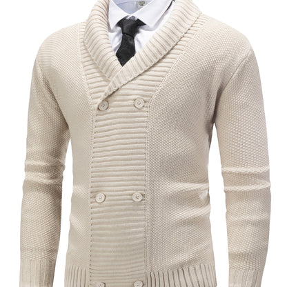 Herren Strickjacke Beige Zweireiher Schalkragen Strick Cardigan