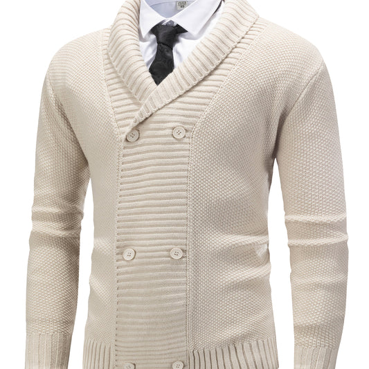 Herren Strickjacke Beige Zweireiher Schalkragen Strick Cardigan