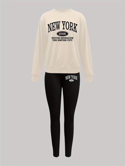 Damen Set: Pullover & Leggings mit 'New York Queens' Print, Rundhalsausschnitt