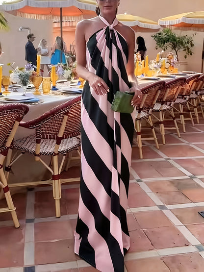 Damen Maxikleid mit Neckholder und Streifenmuster – Elegantes Sommerkleid für Feste und Gartenpartys