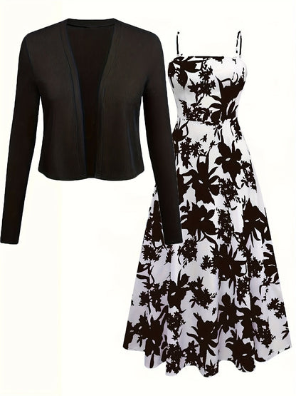 Damen Midikleid mit Blumenmuster und Cardigan – Elegantes Freizeit-Outfit Set für Frühling & Sommer