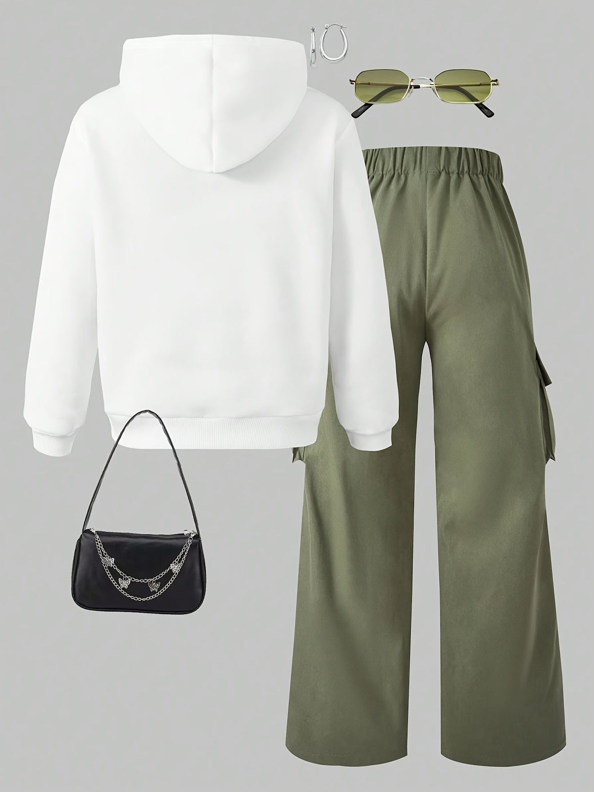 Damen Hoodie & Cargo-Hose Set, Weiß Grün, Weites Bein, Elastischer Bund