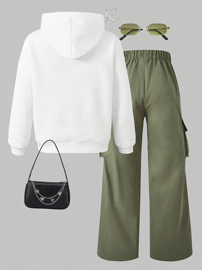 Damen Hoodie & Cargo-Hose Set, Weiß Grün, Weites Bein, Elastischer Bund