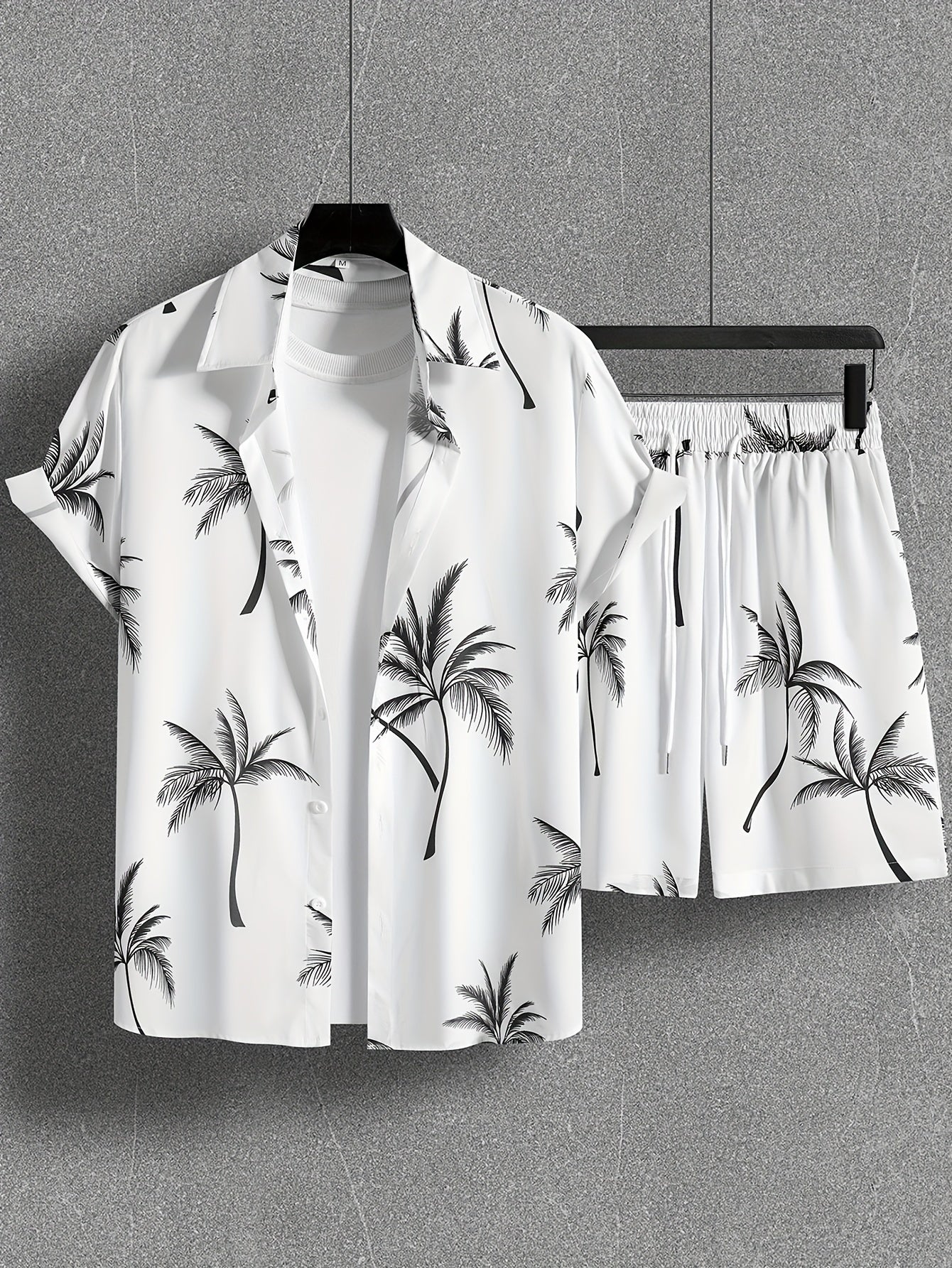 Herren Strand Outfit Zweiteiler mit Palmenmuster – Freizeit Hemd und Shorts Set